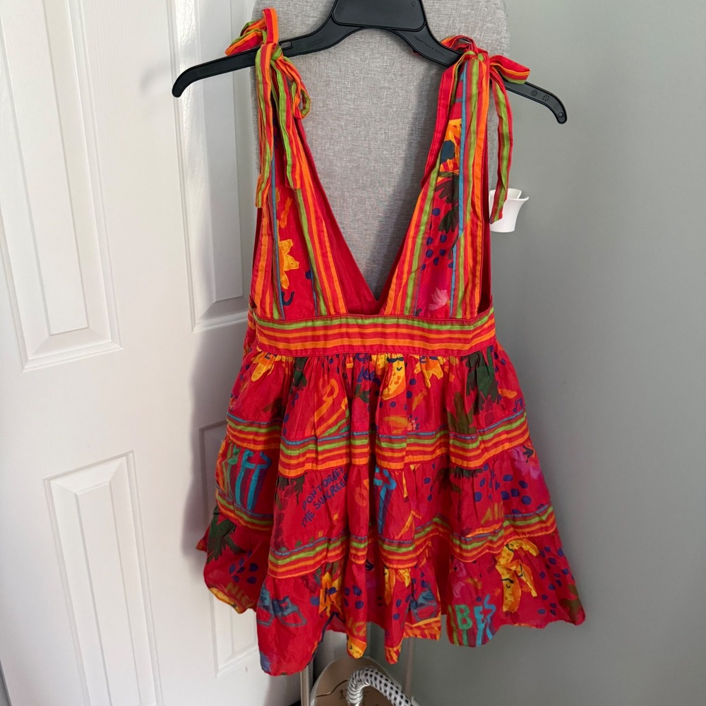 FARM Rio Red Good Vibes Mini Dress M Tropical Bird Linen Blend Resort NWT - Picture 2 of 11